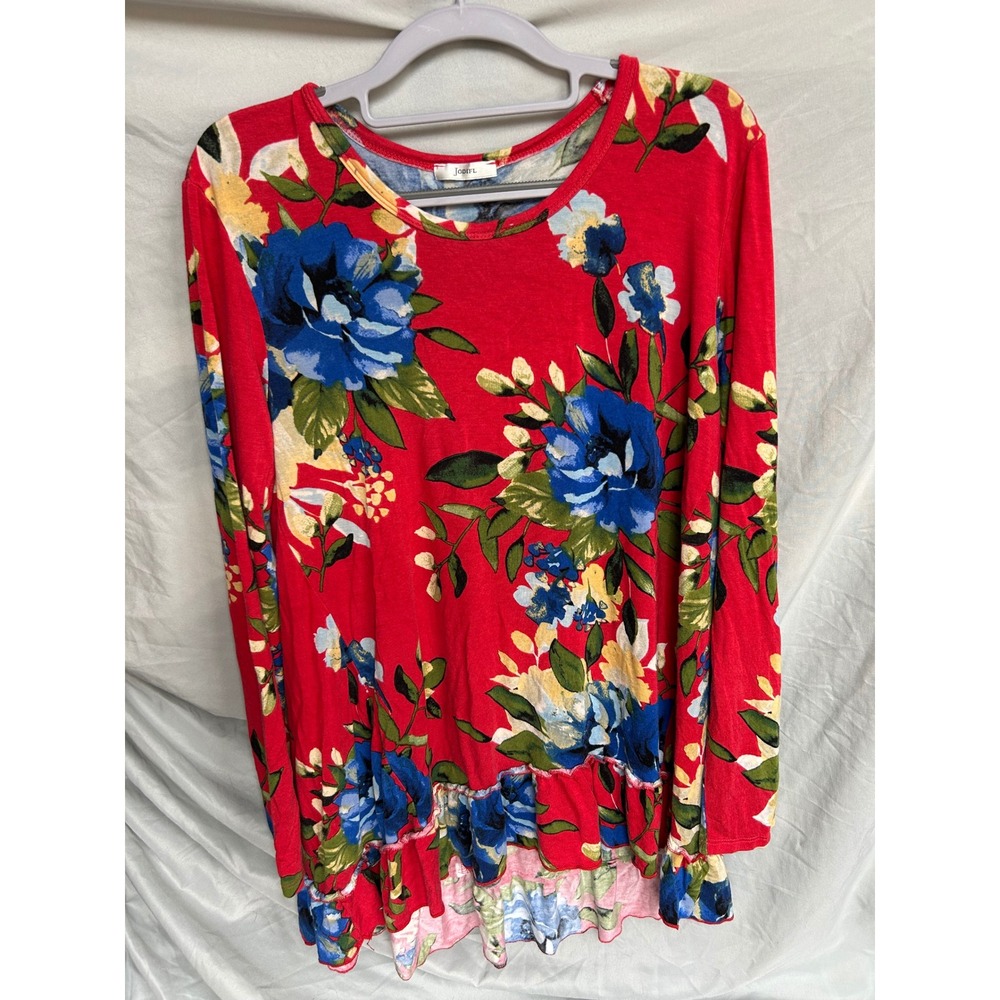 Jodifl Tunic Top Red Blue Floral Ruffle Hem Long Sleeve High Low Blouse Women L
